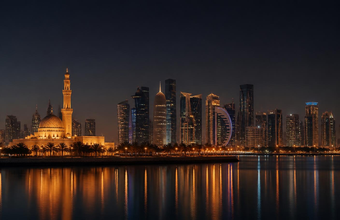 Doha skyline and illuminated mosque reflected across the water