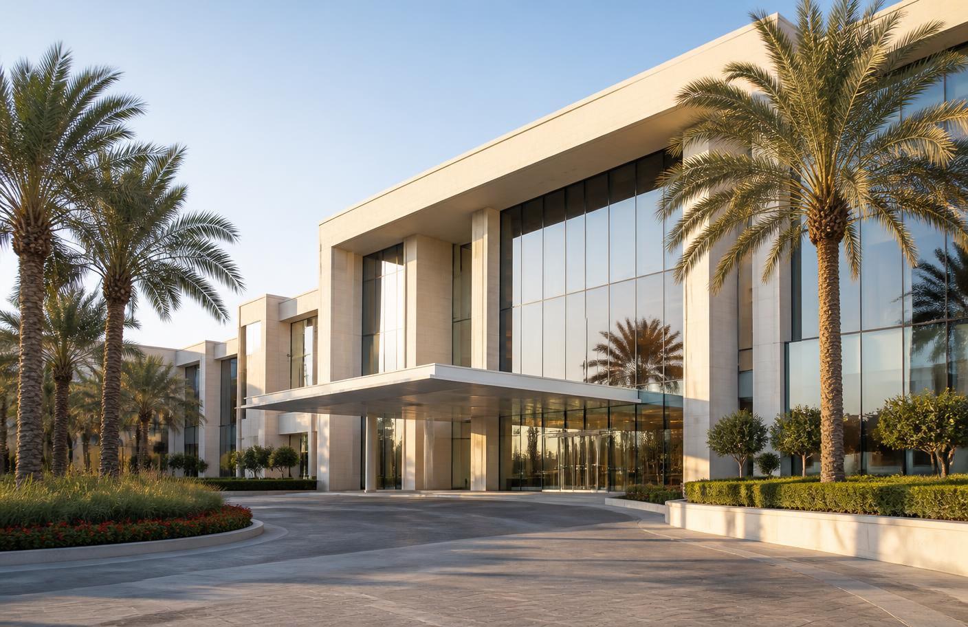 Modern hospital entrance framed by palm trees in the UAE